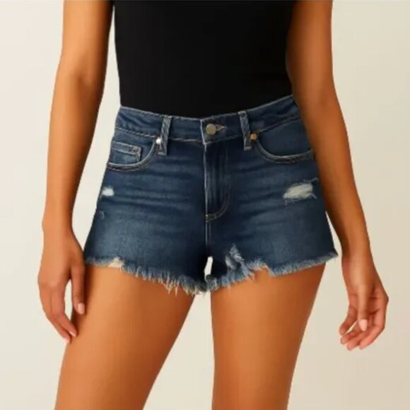 PAIGE: Daryn Distressed Denim Dark Blue Jean Shorts Frayed Raw Hem Size 24 - Picture 1 of 4